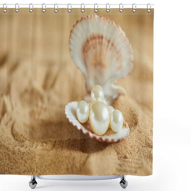 Personality  Pearl In Open Shell On Beach Shower Curtains