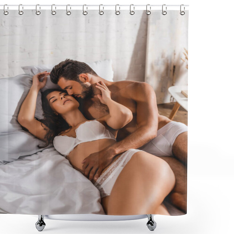 Personality  Shirtless Man Kissing And Touching Sensual Girlfriend On Bed  Shower Curtains