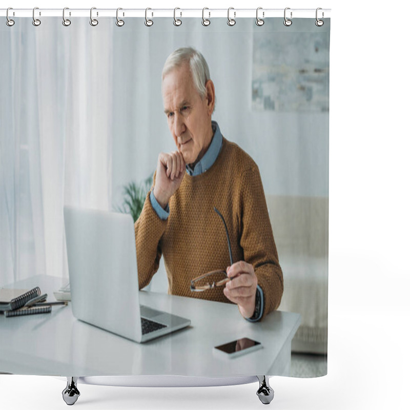 Personality  Senior Confident Man Working On Laptop Shower Curtains