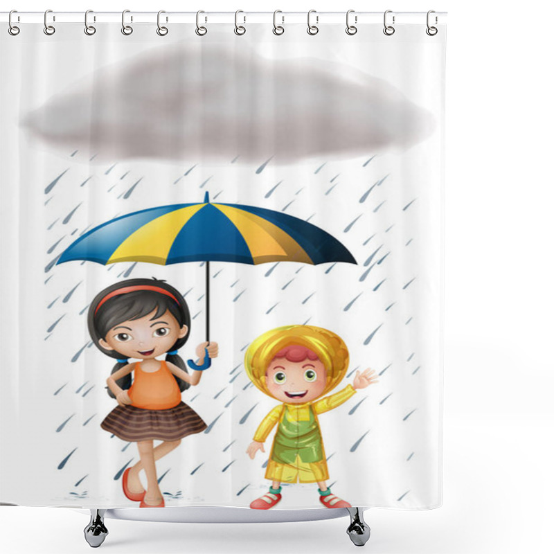 Personality  Two Kids With Umbrella And Raincoat In The Rain Shower Curtains