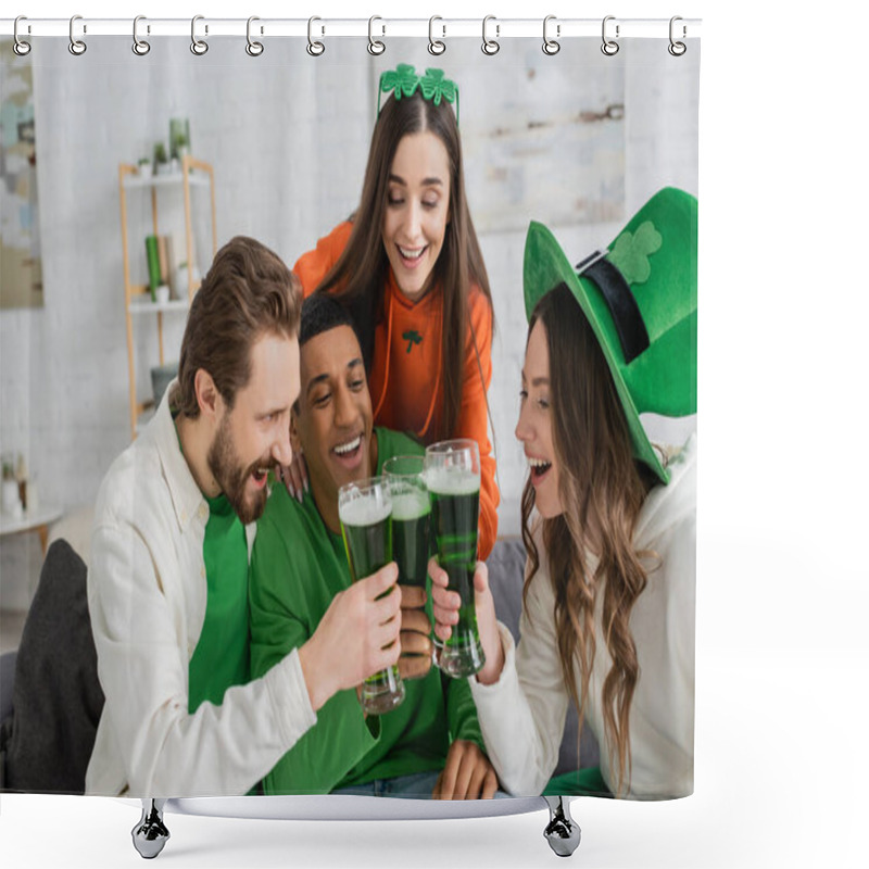 Personality  Positive Multiethnic Friends Clinking Green Beer On Saint Patrick Day  Shower Curtains