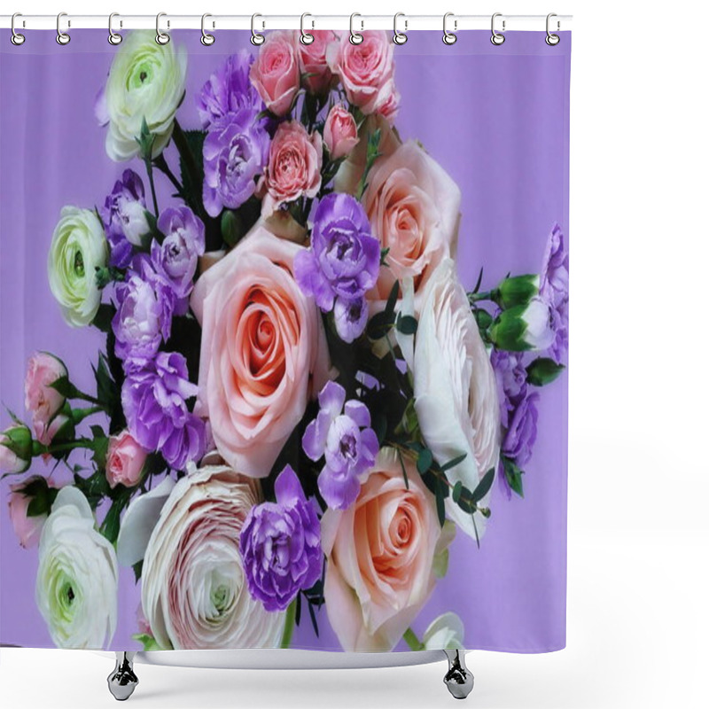 Personality  Bouquet Of Pale Pink Roses, Ranunculus Flowers And Small Violet Flowers. Beautiful Holiday Background.  Shower Curtains