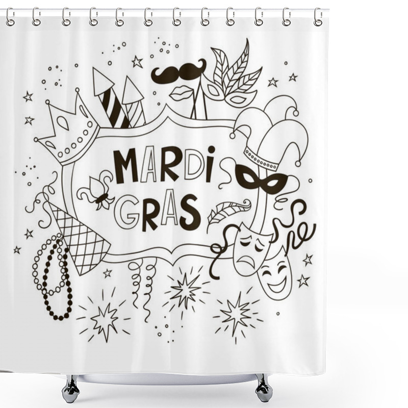 Personality  Mardi Gras Background With Doodle Icons And Objects. Black And White Vector Template. Shower Curtains