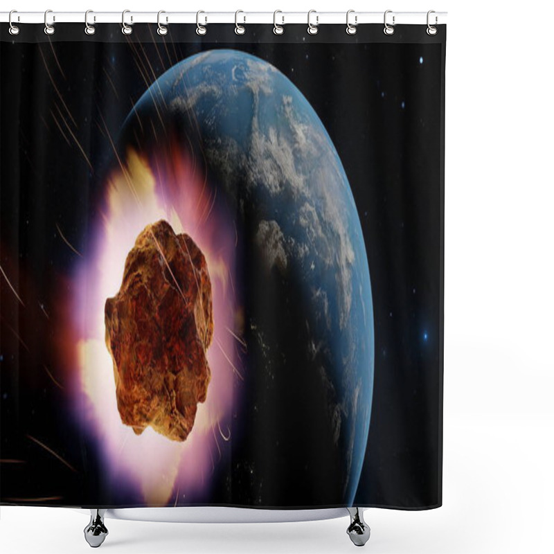 Personality  Asteroid, Fall Of Comet To Earth, Armageddon Disaster, Danger Meteorite. Huge Fiery Comet Is Flying In Space Towards Earth. 3d Render Shower Curtains