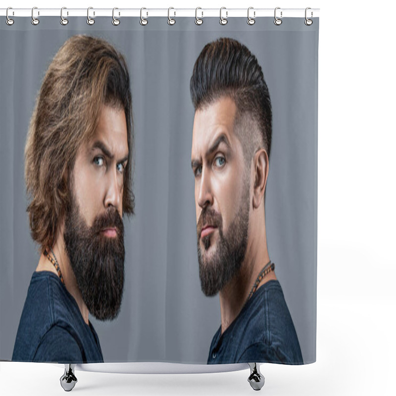 Personality  Shaving, Hairstyling. Beard, Shave Before, After. Long Beard Hair Style Hair Stylist. Collage Man Before And After Visiting Barbershop, Different Haircut, Mustache, Beard. Male Beauty, Comparison. Shower Curtains