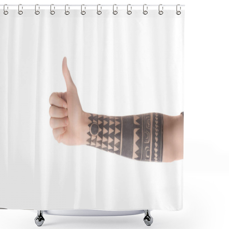 Personality  Partial View Of Tattooed Man Showing Thumb Up Sign Isolated On White Shower Curtains