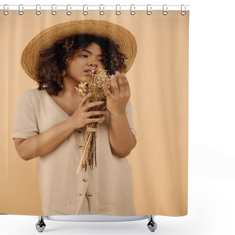 Personality  A Young African American Woman With Curly Hair Wearing A Straw Hat, Holding A Vibrant Bunch Of Flowers In A Studio Setting. Shower Curtains