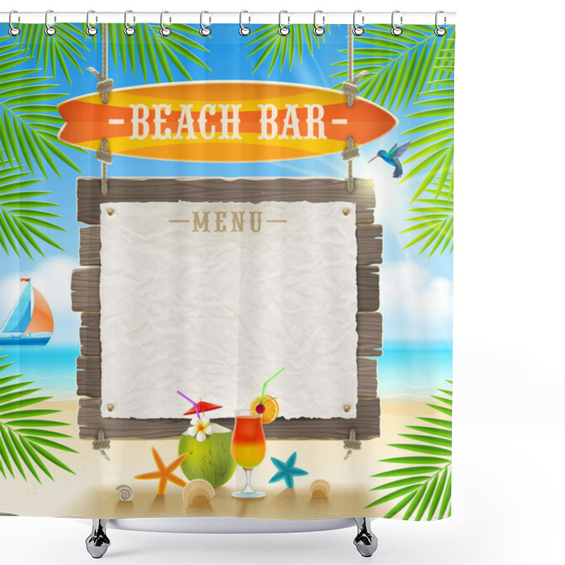 Personality  Tropical Beach Bar  - Signboard Surfboard And Paper Banner For Menu - Summer Holidays Vector Design Shower Curtains