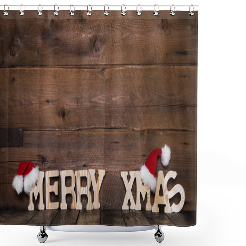 Personality  Merry Xmas Letters On Wooden Background: Idea For A Greeting Car Shower Curtains