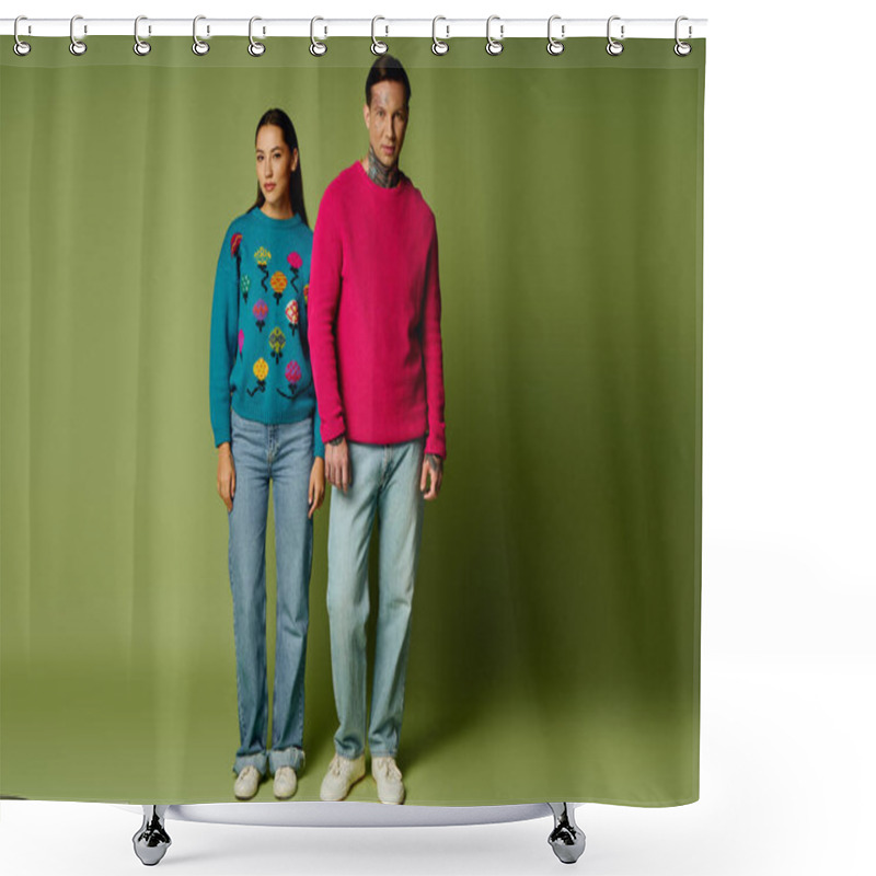 Personality  A Young Man And Woman Stand Side By Side, Showcasing Their Vibrant Fashion And Style. Shower Curtains