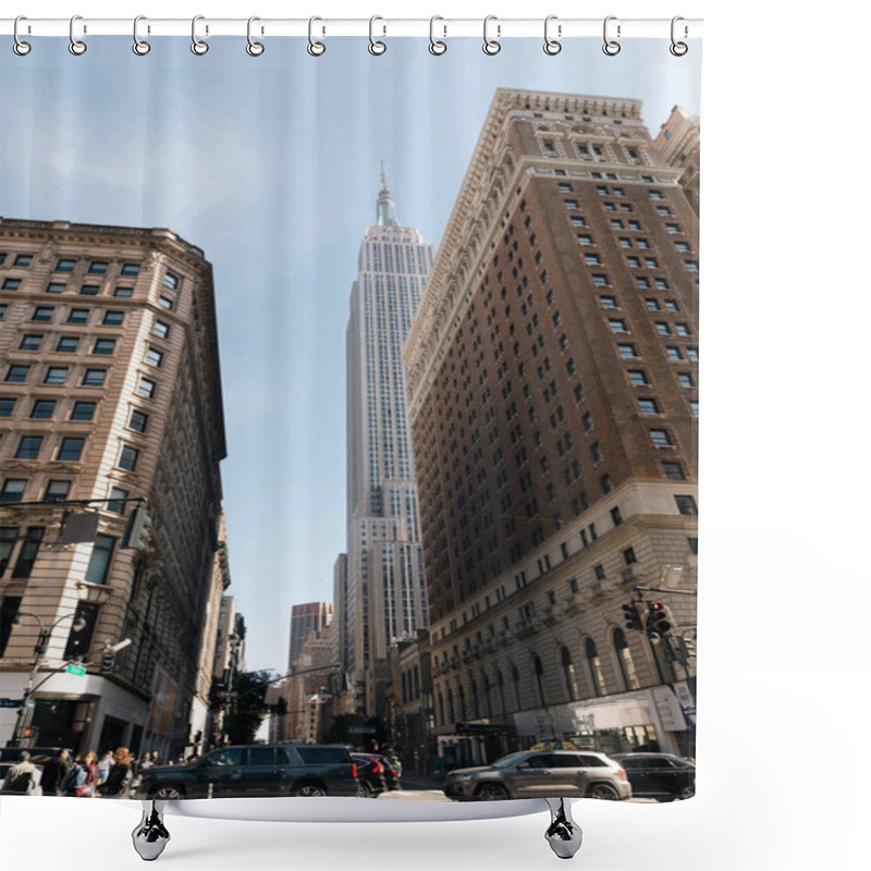 Personality  NEW YORK, USA - OCTOBER 11, 2022: Low Angle View Of Empire State Building On Urban Street  Shower Curtains