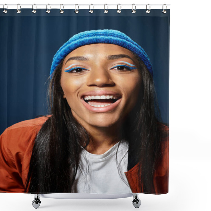 Personality  The Young Woman Smiles Brightly, Showcasing Her Stylish Warm Attire Against A Dark Backdrop. Shower Curtains