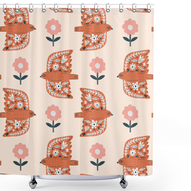 Personality  Spring Seamless Pattern. Birds With Folk Nordic Floral Ornaments. Paper Cut Animals In Flat Modern Scandinavian Style. Hand Drawn Colored Set. Hygge And Lagom Design Concept. Vector EPS Clip Art Shower Curtains