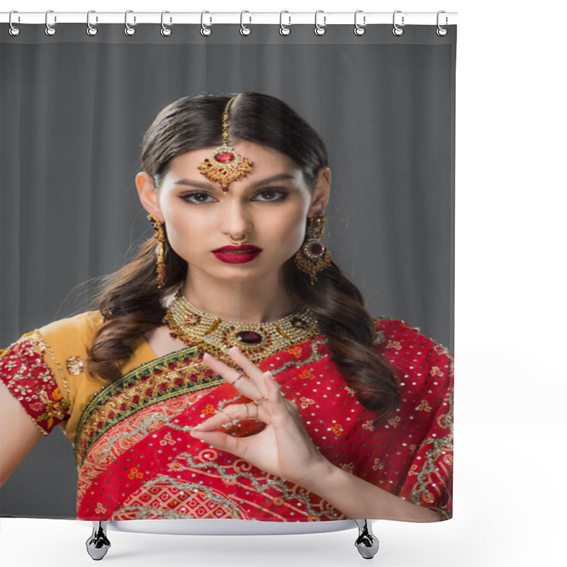 Personality  Indian Woman In Sari And Accessories Showing Gyan Mudra, Isolated On Grey  Shower Curtains