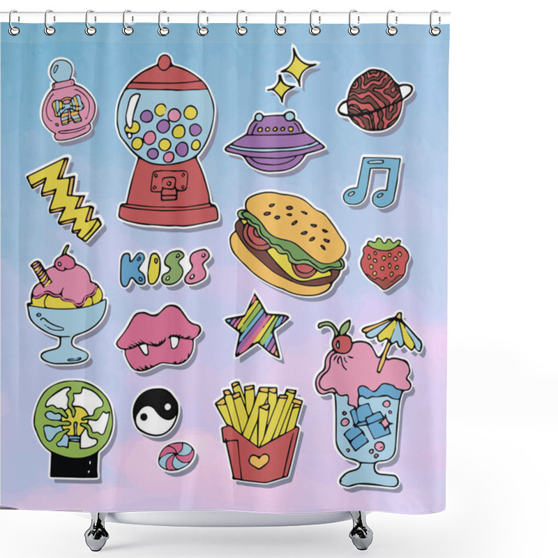 Personality  Cartoon Stickers Or Patches Set With 90s Style Design Elements. Shower Curtains