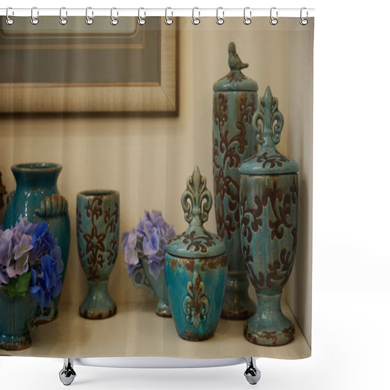 Personality   Turquoise Set With Blue Flowers On Table  Shower Curtains