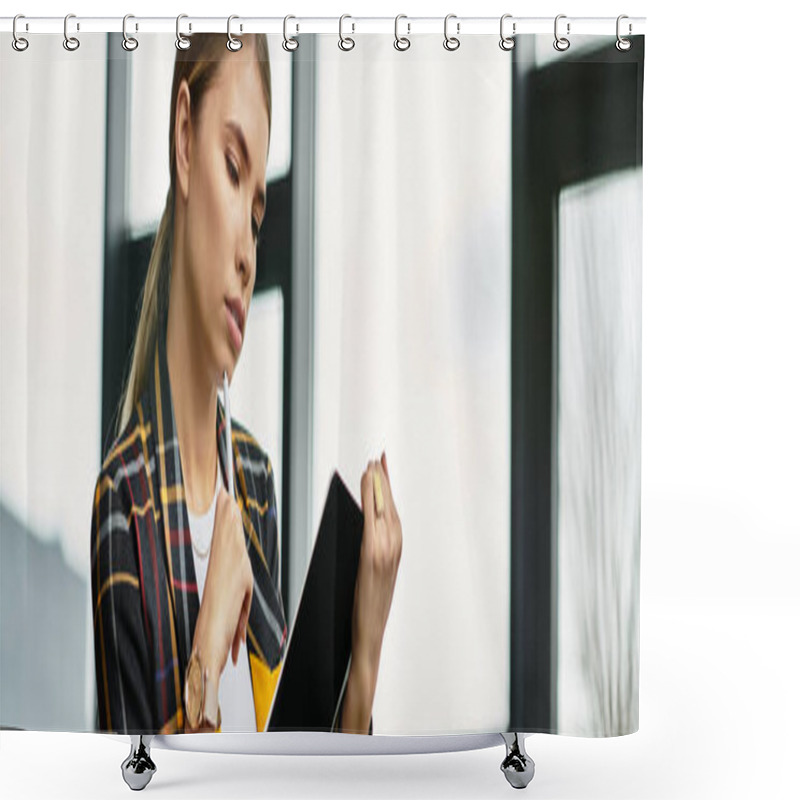 Personality  Attractive Businesswoman Is Concentrating On Her Tasks In A Bright And Modern Office Space, Banner Shower Curtains