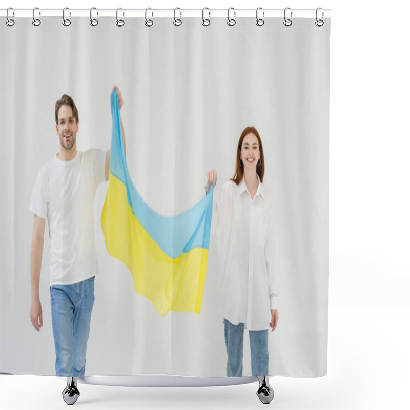 Personality  Cheerful Young Couple Holding Ukrainian Flag Isolated On White  Shower Curtains