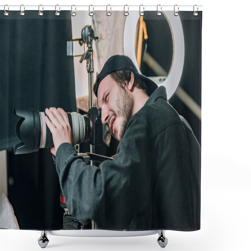 Personality  Side View Of Handsome Cameraman Working In Photo Studio Shower Curtains