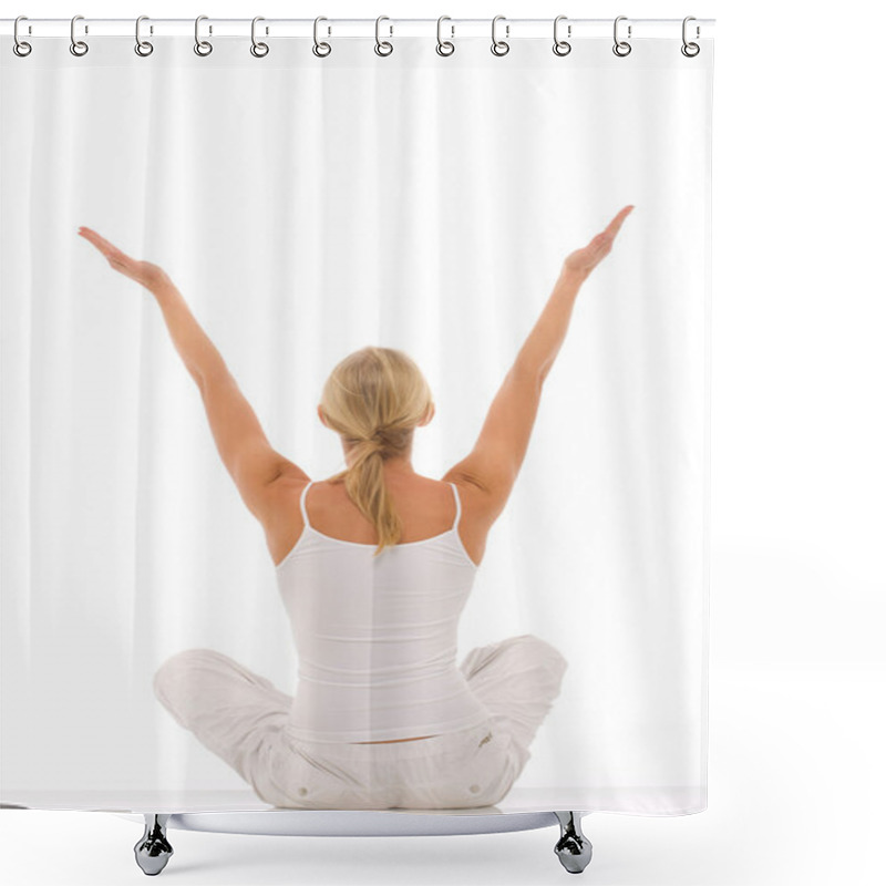 Personality  Woman Dressed In White Sitting Cross-legged Doing Yoga Shower Curtains