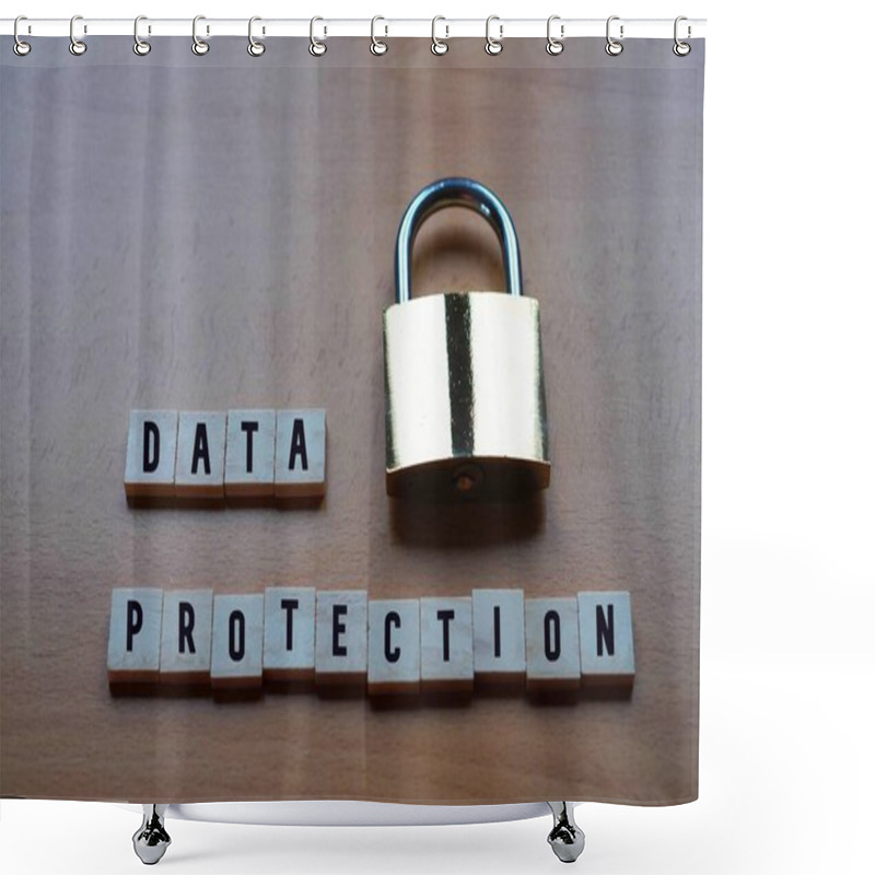 Personality  Data Protection Concept. Letters Written On Wood Blocks With A Golden Padlock Shower Curtains