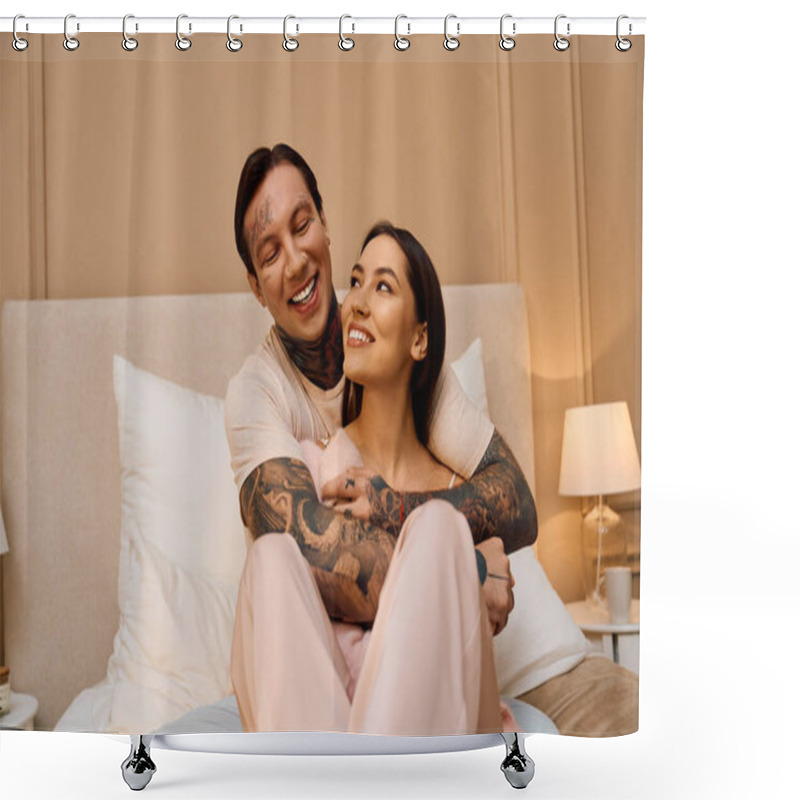 Personality  A Young Couple Enjoys Each Others Company, Radiating Love And Happiness In Their Cozy Room. Shower Curtains