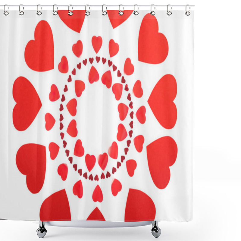 Personality  Elevated View Of Circles Made Of Red Heart Symbols Isolated On White, St Valentine Day Concept Shower Curtains