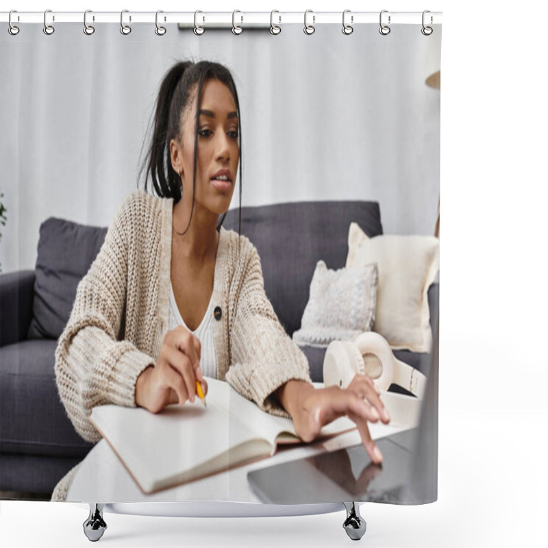 Personality  Engaged In Remote Learning, A Woman Focuses On Her Studies From Her Comfortable Living Room. Shower Curtains