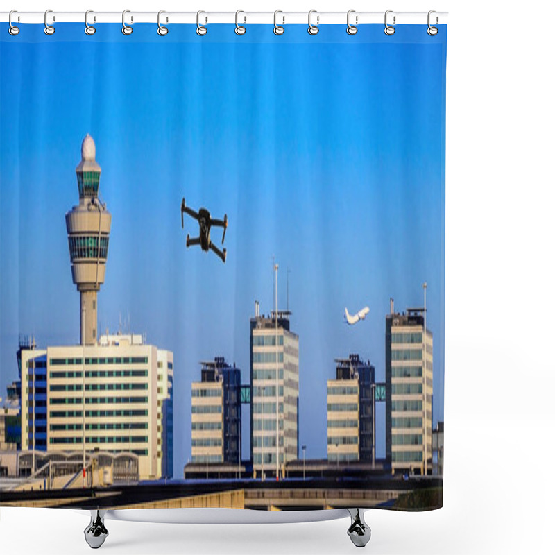 Personality  Unmanned Drone Flying Near Airport With Air Traffic Control Tower, Flight Disruption Concept - Digital Composite Shower Curtains