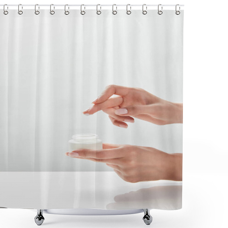 Personality  Cropped View Of Woman Holding Jar With Cream In Hands Shower Curtains