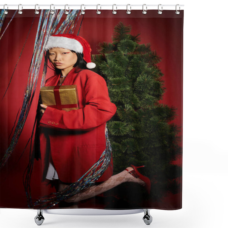 Personality  An Elegant Woman Poses With A Gift, Surrounded By Festive Decorations And A Christmas Tree Backdrop. Shower Curtains