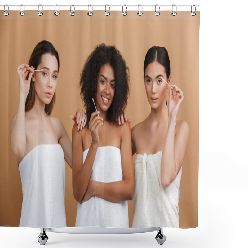 Personality  Three Pleased Naked Women Wearing In Towels Using Cotton Sticks To Clean Faces While Looking At The Camera Over Beige Background Shower Curtains