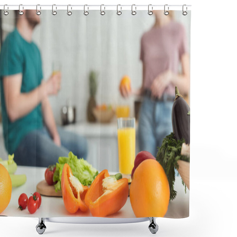 Personality  Cropped Image Of Vegan Couple Talking In Kitchen With Fruits And Vegetables On Foreground Shower Curtains