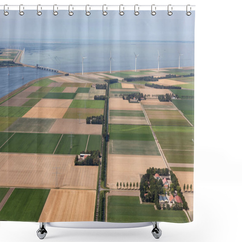 Personality  Aerial View Dutch Agricultural Landscape With Wind Turbines Along Coast Shower Curtains