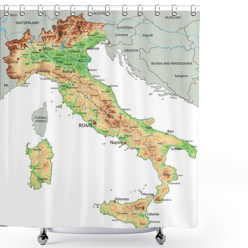 Personality  Italy Physical Map With Labeling. Shower Curtains