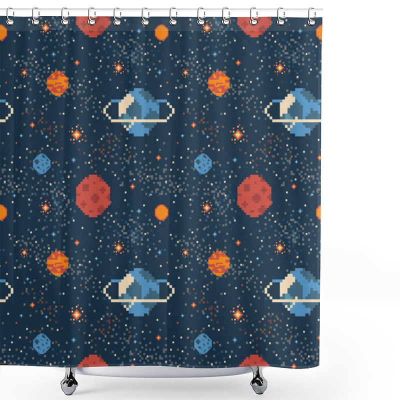 Personality  Pixel Art Planets In Space Galaxy Pattern Shower Curtains