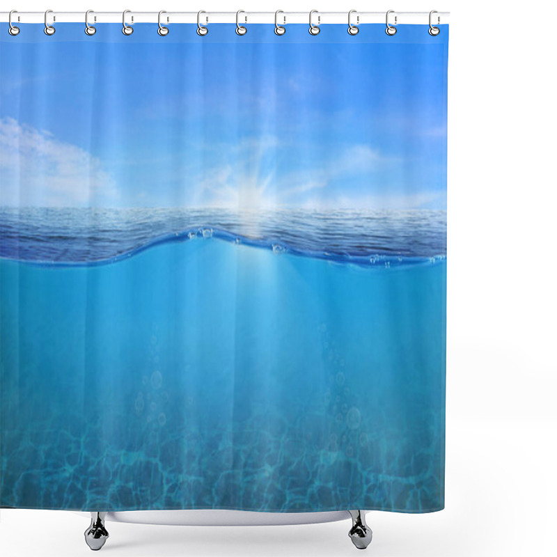 Personality  BLUE UNDER WATER Waves And Bubbles. Beautiful White Clouds On Blue Sky Over Calm Sea With Sunlight Reflection, Tranquil Sea Harmony Of Calm Water Surface. Sunny Sky And Calm Blue Ocean.  Shower Curtains