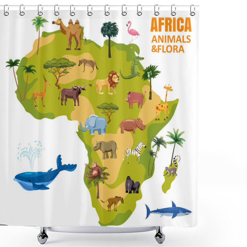 Personality  Africa Animal World Map Continent. Set Tropical Animals Flora Wild Savannah Jungle Fauna. Vector Cartoon Style Illustration Shower Curtains