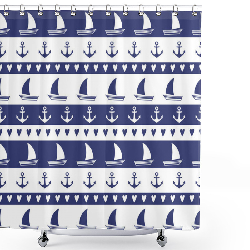 Personality  Navy Vector Seamless Pattern: Anchor, Sailboat, Heart Shower Curtains