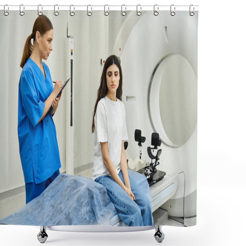 Personality  A Female Doctor In Scrubs Documents Details While A Patient Awaits MRI Testing In A Modern Hospital. Shower Curtains