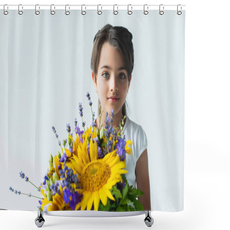 Personality  Child Holding Blue And Yellow Flowers Isolated On Grey  Shower Curtains