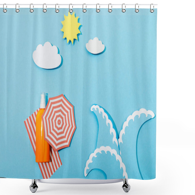 Personality  Top View Of Paper Cut Beach With Waves And Bottle Of Sunscreen On Blue Background Shower Curtains