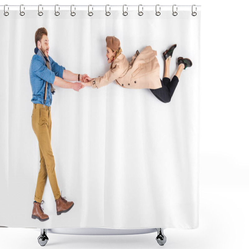 Personality  Happy Couple In Casual Clothes Holding Hands On White Background Shower Curtains