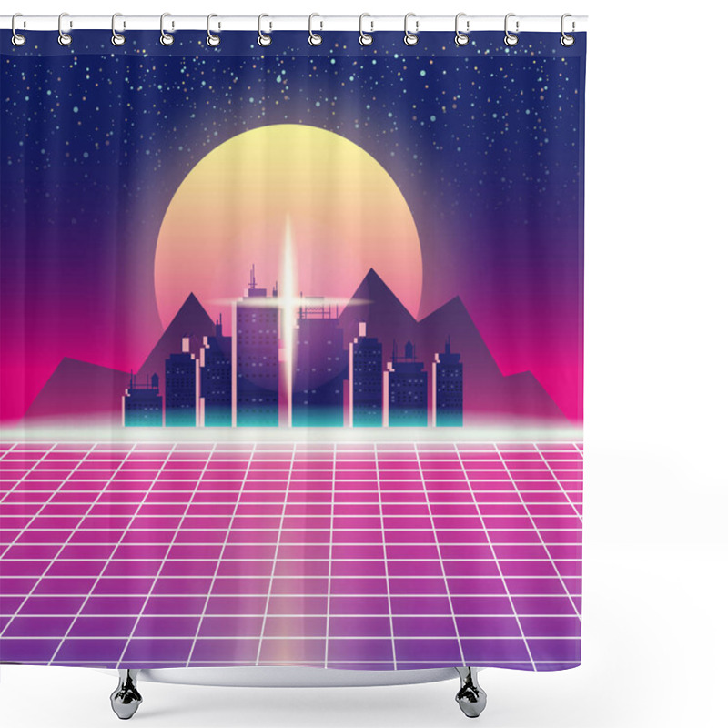 Personality  Synthwave Retro Futuristic Landscape With City, Sun, Stars And Styled Laser Grid. Neon Retrowave Design And Elements Sci-fi 80s 90s Space. Vector Illustration Template Isolated Background Shower Curtains