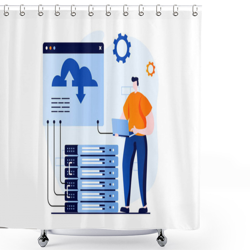 Personality  SaaS Concept With People Scene In Flat Cartoon Design. Man Computing Using Cloud Technology, Programming And Working With Hosting. Software As A Service. Illustration Visual Story For Web Shower Curtains