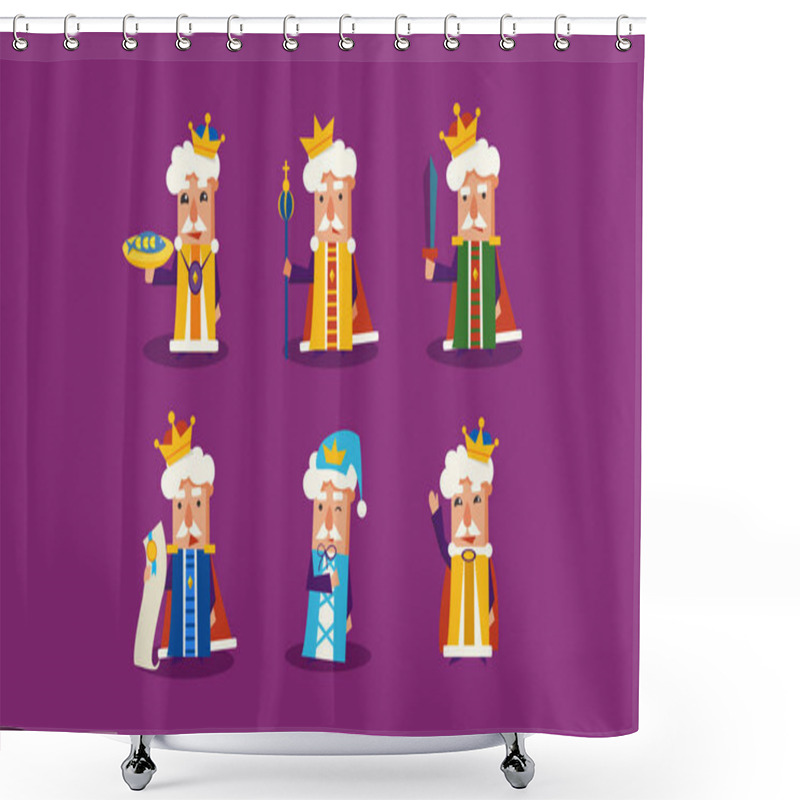 Personality  Flat Vector Set Of Funny Cartoon King In Different Actions. Ruler Of The Kingdom. Elements For Children Book Or Mobile Game Shower Curtains