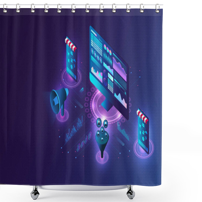 Personality  Programmatic Advertising And Business Intelligence Concept - Customer Data Platform - New Marketing And Advertising Solutions That Use Automated Bidding Processes To Purchase Effective Ad Inventory - 3D Illustration Shower Curtains