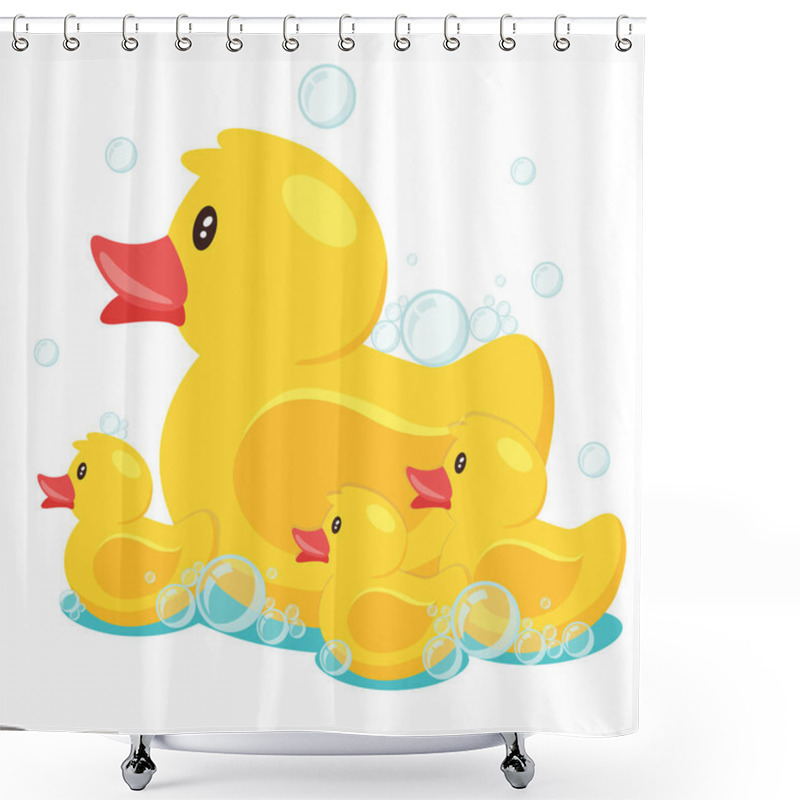 Personality  Yellow Cute Cartoon Rubber Bath Ducks Family In The Blue Water. Vector Illustration Shower Curtains