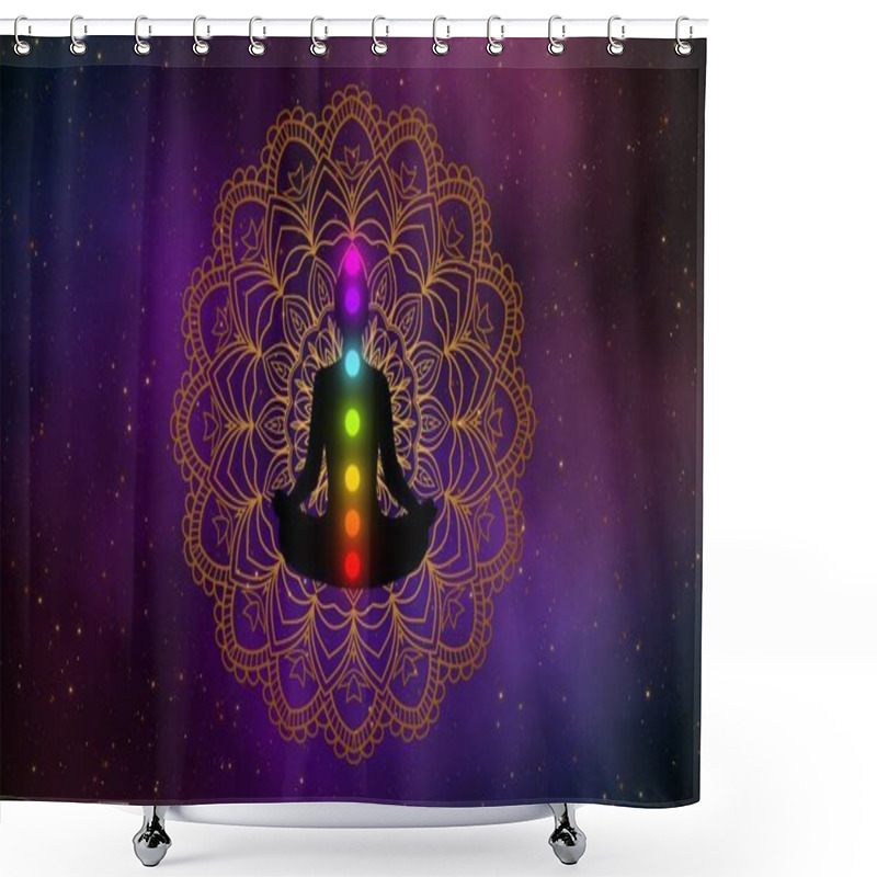 Personality  Silhouette Of Meditation Man With Seven Chakras Glow Up On Gold Mandala With The Beautiful Of Galaxy Space On Background. Shower Curtains