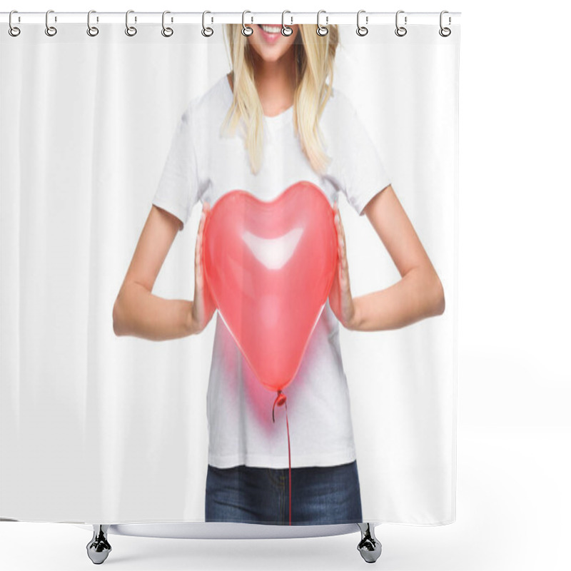 Personality  Cropped Image Of Smiling Girl In White Shirt Holding Heart Shaped Balloon Isolated On White Shower Curtains